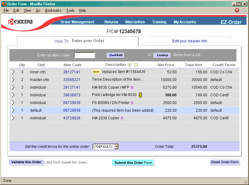 Kyocera Order Management Form